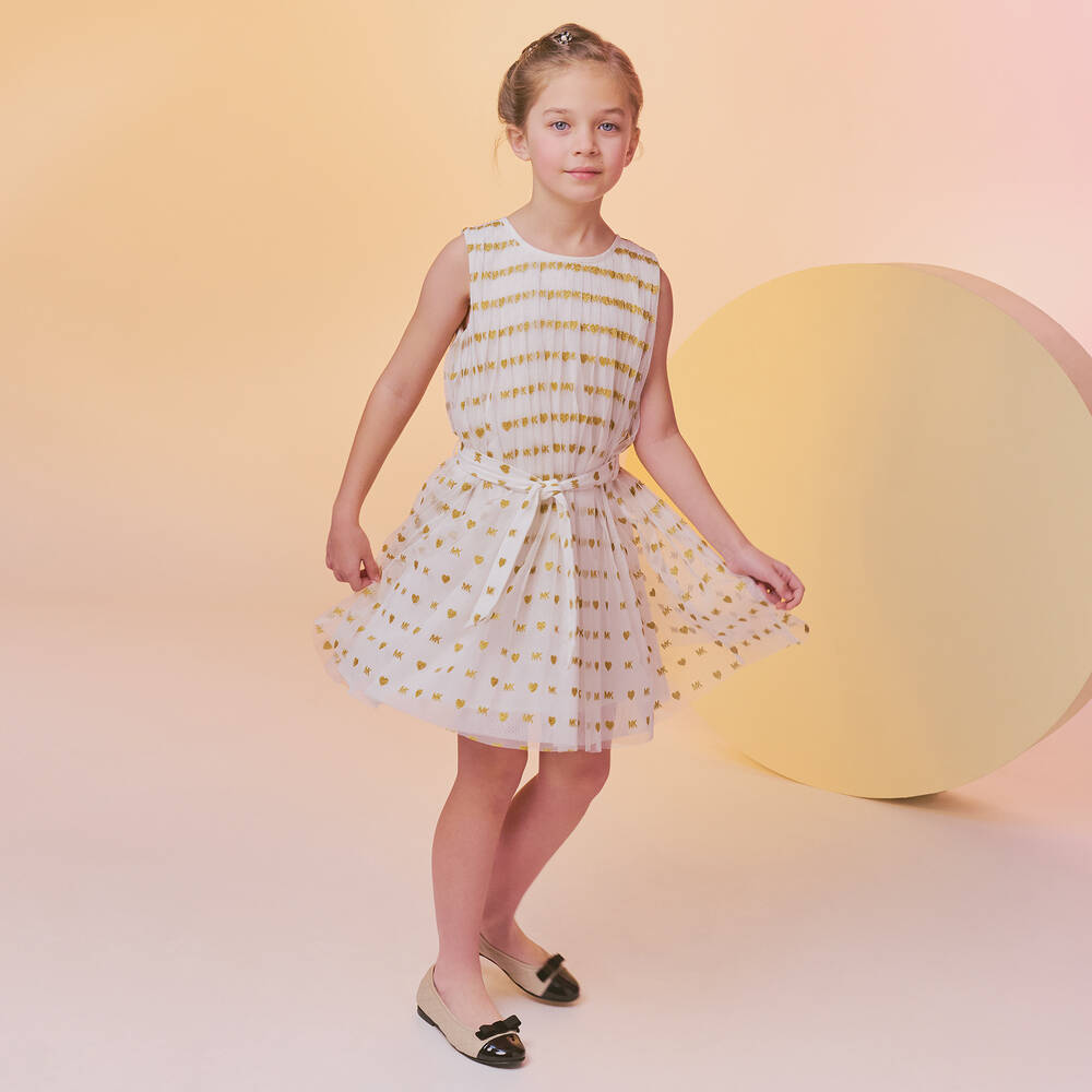 Michael Kors Kids-فستان بطبعة قلوب ومونوغرام تول لون عاجي | Childrensalon