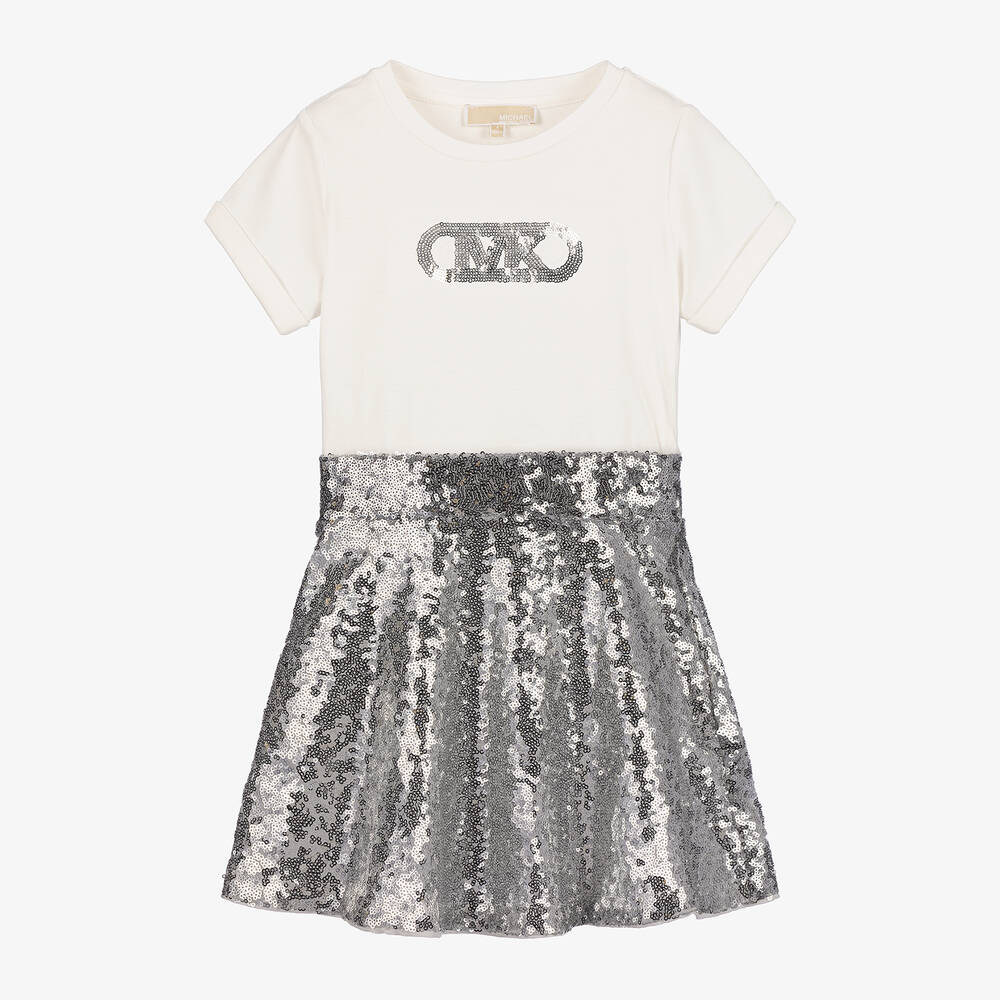 Michael Kors Kids - Girls White Jersey & Silver Sequin Dress | Childrensalon