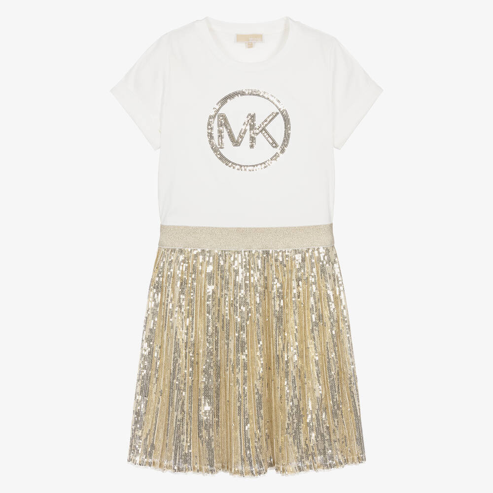 Michael Kors Kids - فستان قطن وتول لون ذهبي مزين بترتر للمراهقات | Childrensalon