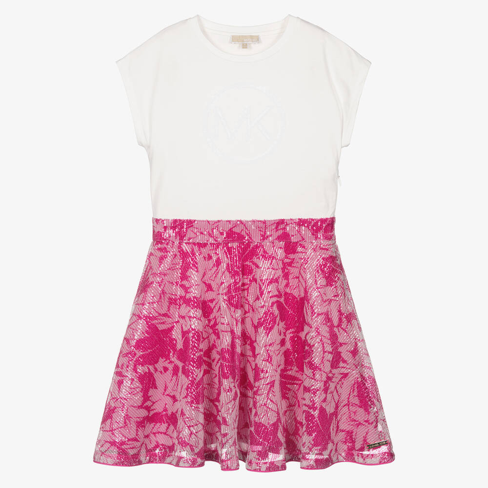 Michael Kors Teen Girls Pink & White Sequin Skater Dress