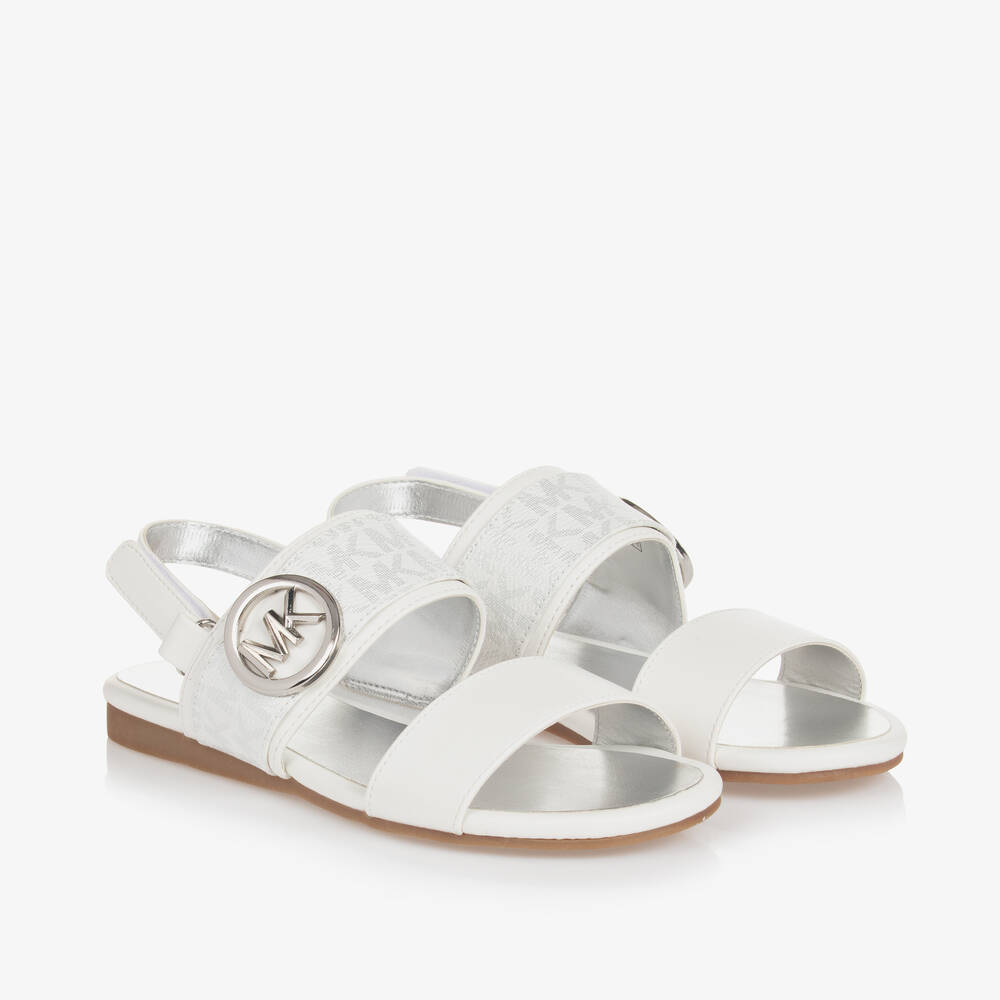 Shop Michael Kors Teen Girls White Mk Velcro Sandals In Silver