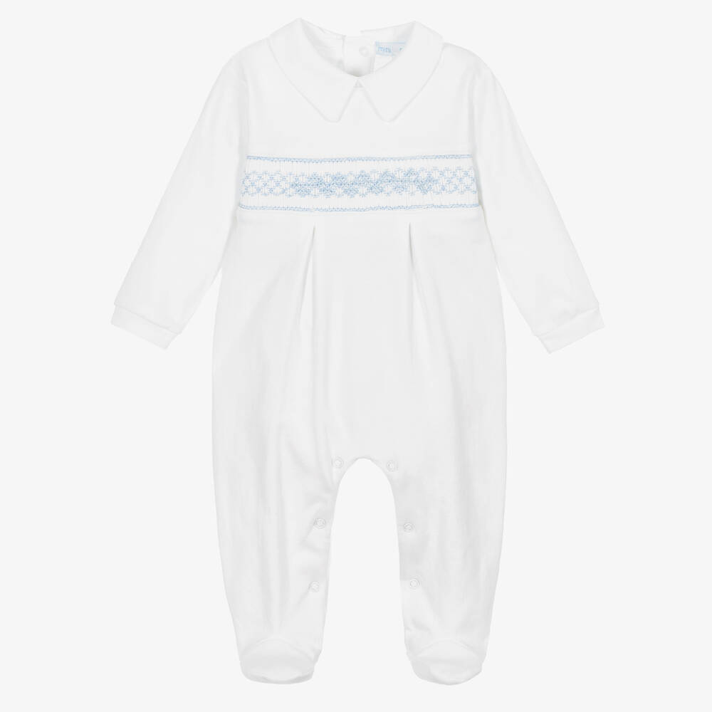 Mini-la-Mode - White Pima Cotton Smocked Babygrow | Childrensalon
