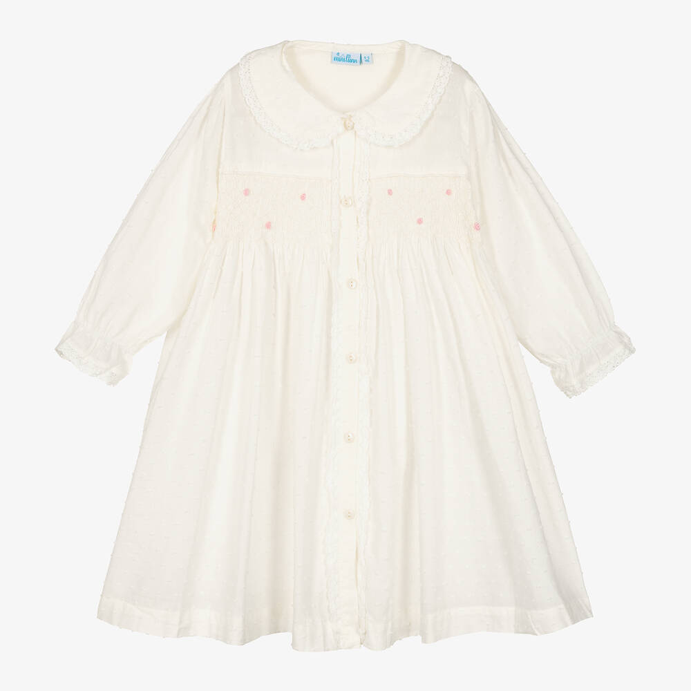 Mini Lunn - Girls Ivory Cotton Smocked Dressing Gown  | Childrensalon