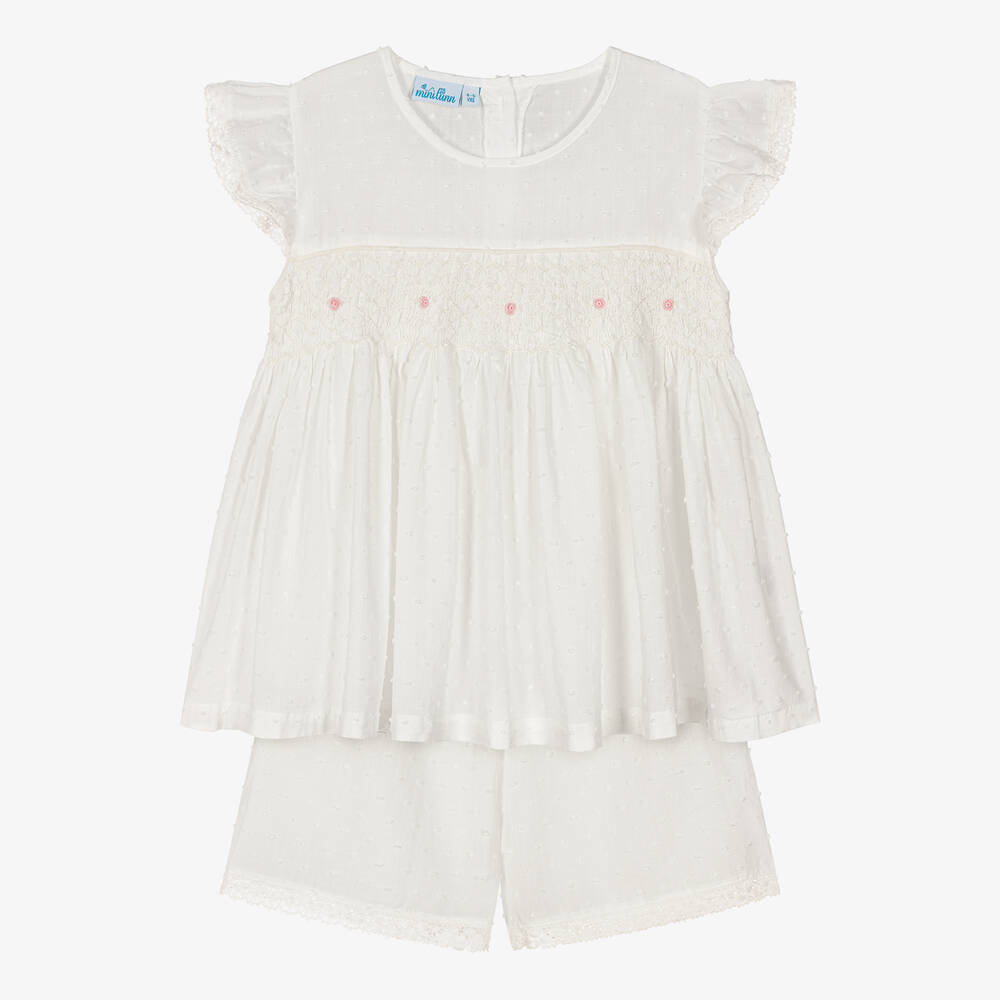 Mini Lunn - Girls Ivory Cotton Smocked Short Pyjamas | Childrensalon