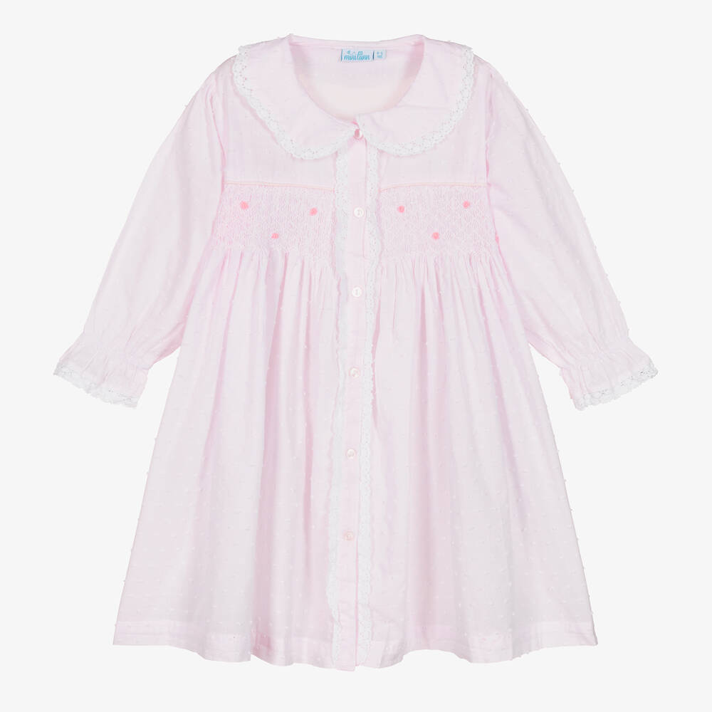 Mini Lunn - Robe de chambre rose à smocks en coton fille | Childrensalon