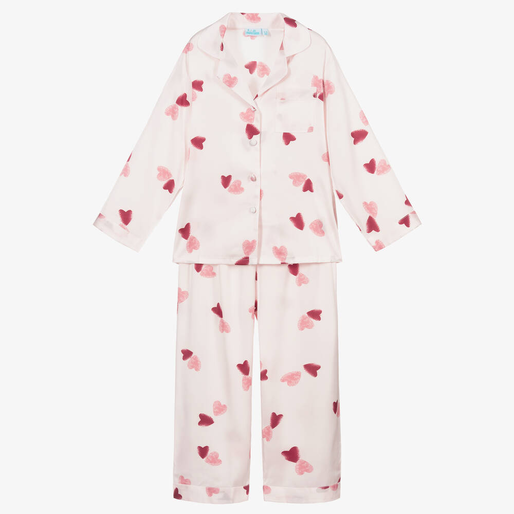 Mini Lunn - Rosa Satin-Schlafanzug mit Herzen | Childrensalon