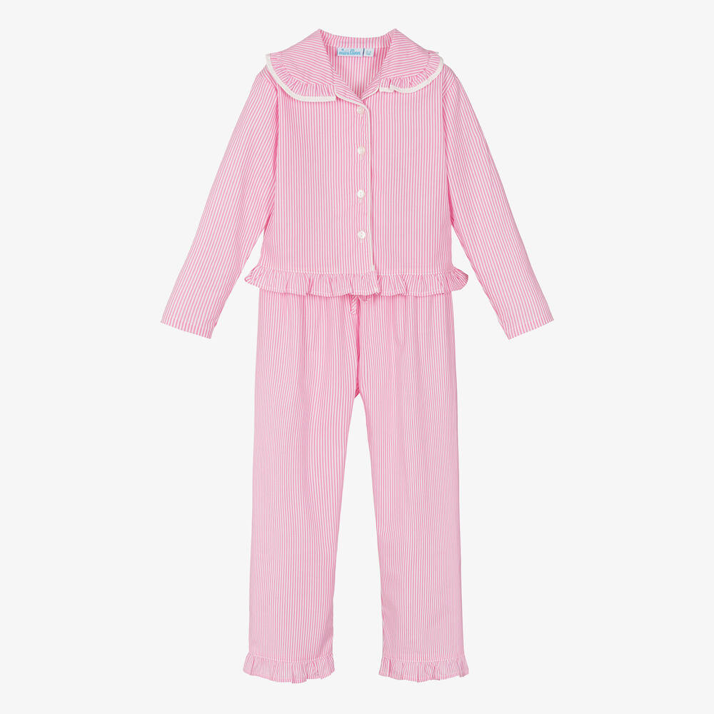 Mini Lunn - Girls Pink & White Striped Cotton Pyjamas | Childrensalon