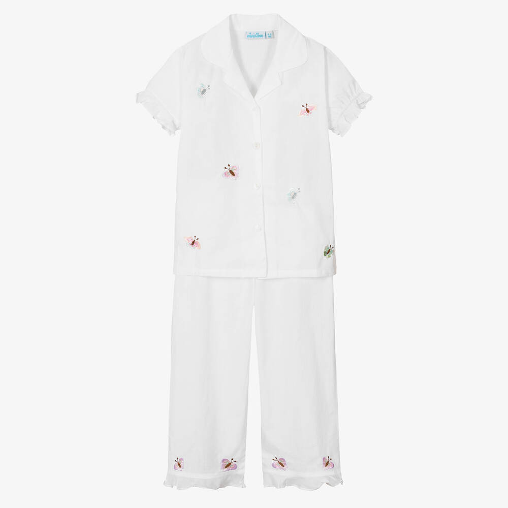 Mini Lunn - Girls White Cotton Butterfly Pyjamas | Childrensalon