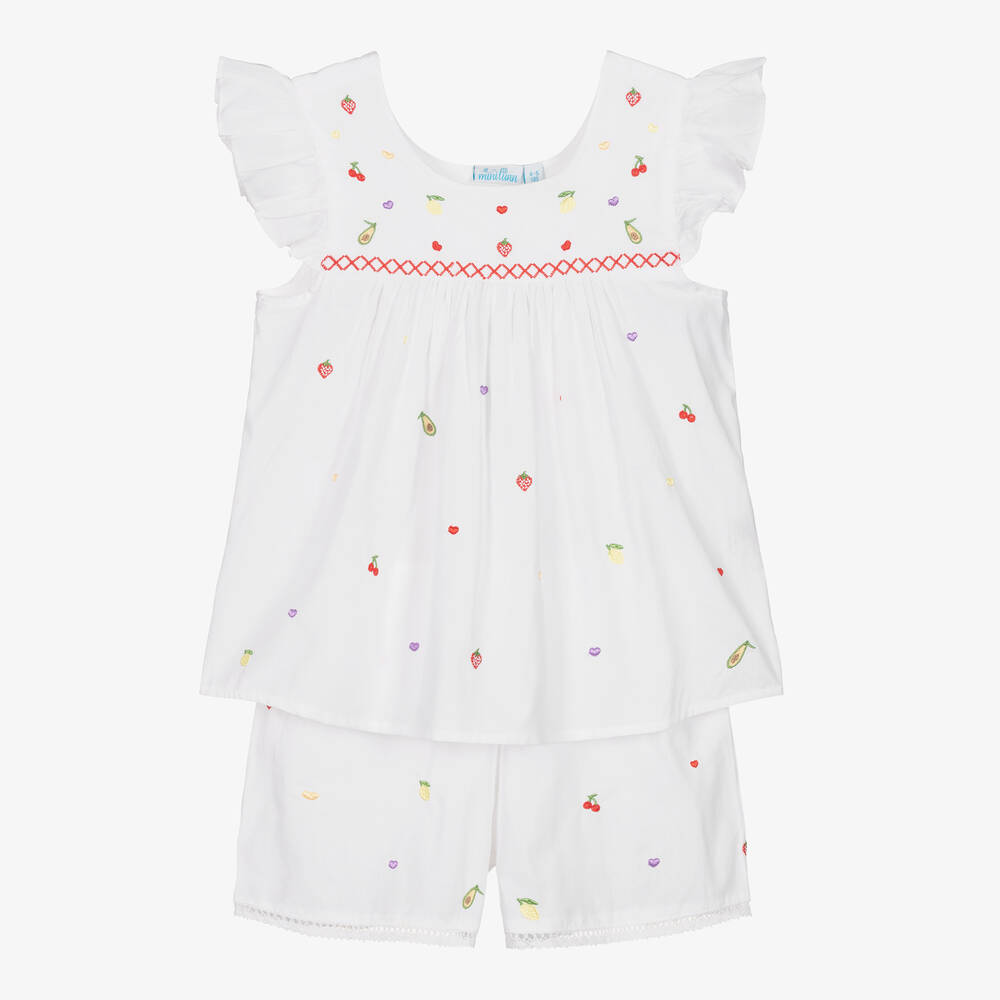 Mini Lunn - Pyjama short blanc brodé en coton fille | Childrensalon