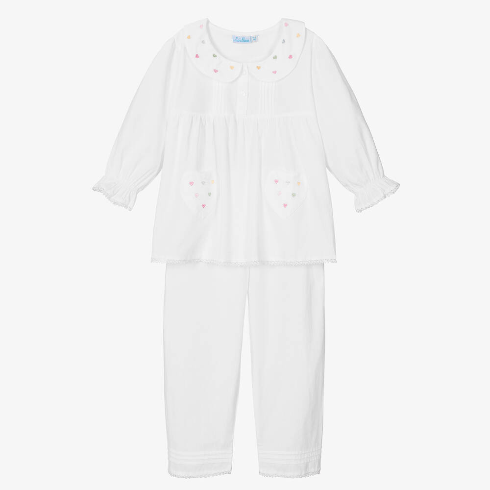Mini Lunn - Pyjama blanc en coton brodé fille | Childrensalon