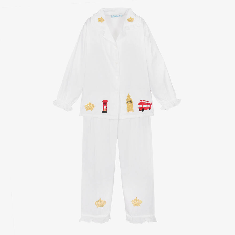 Mini Lunn - Girls White Cotton London Pyjamas | Childrensalon