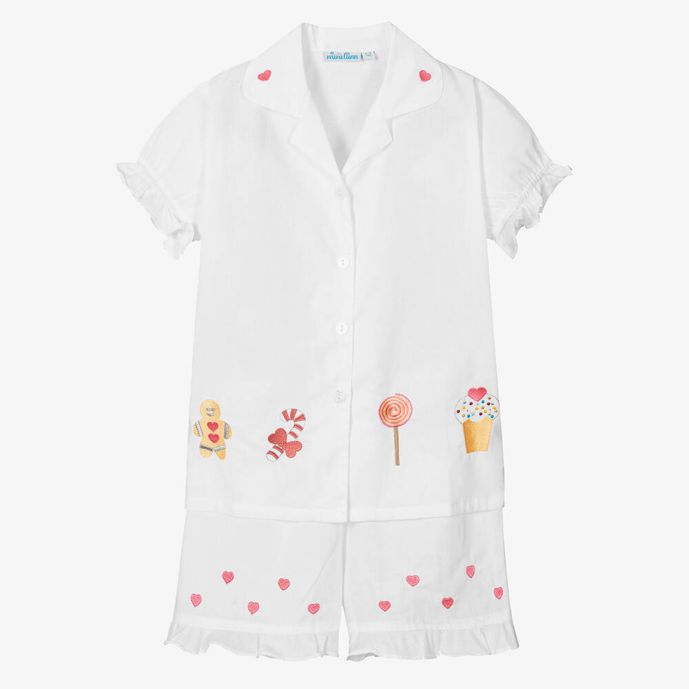 Mini Lunn - Pyjama blanc brodé en coton fille | Childrensalon