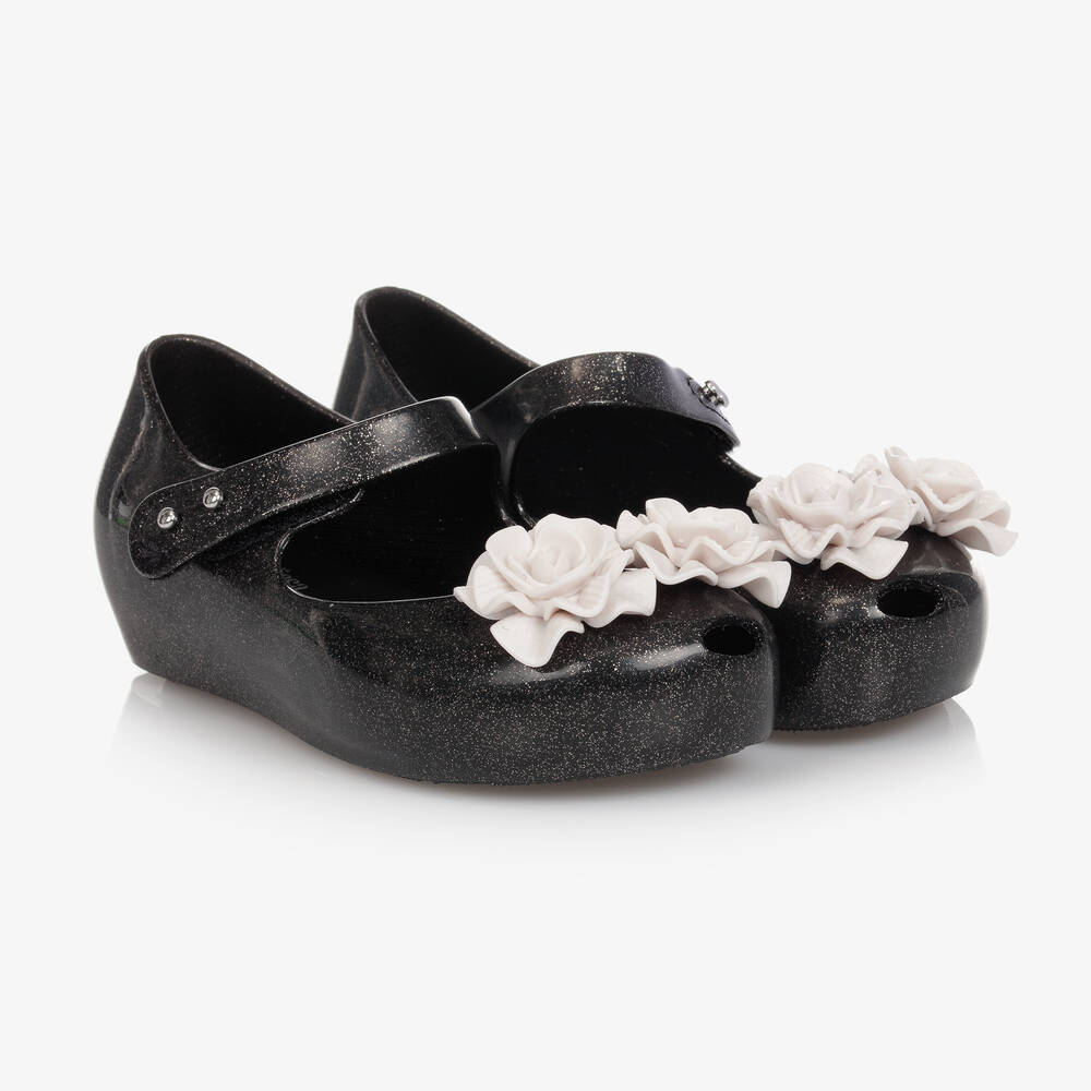 Mini Melissa - Черные резиновые туфли с цветами для девочек | Childrensalon