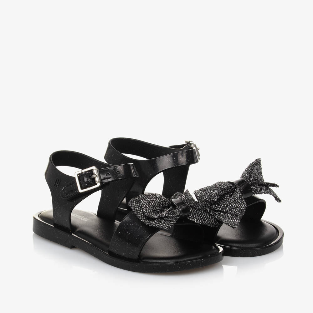 Mini Melissa - Girls Black Glitter Bow Jelly Sandals | Childrensalon