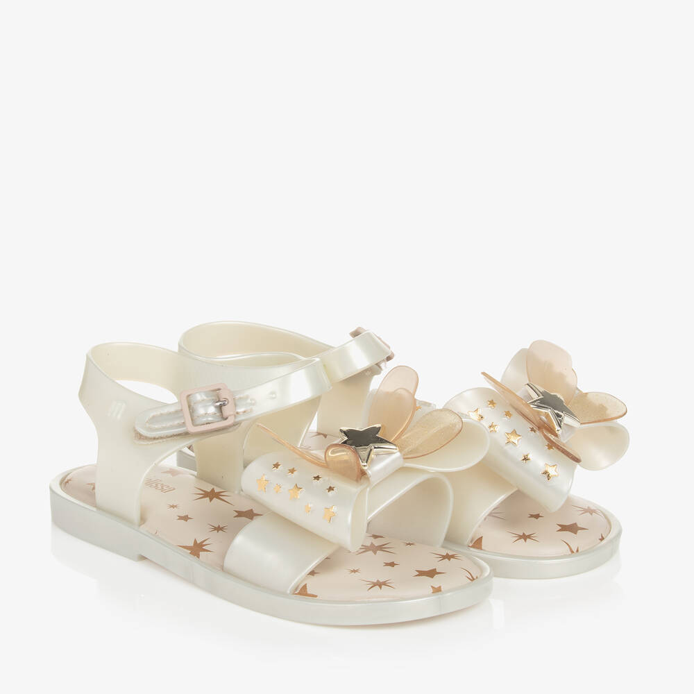 Mini Melissa - Girls Ivory & Gold Star Bow Sandals | Childrensalon