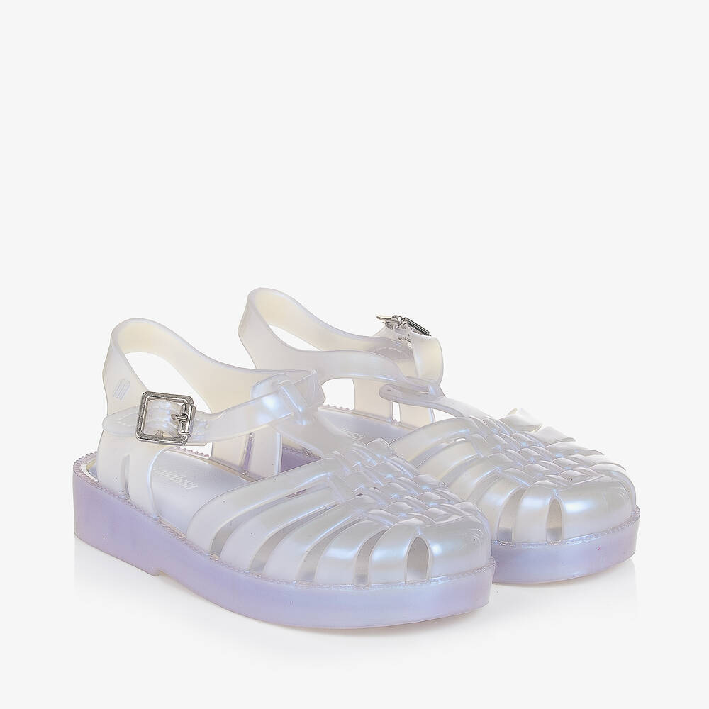 Mini Melissa - Girls Ivory & Pearlescent Blue Jelly Sandals | Childrensalon