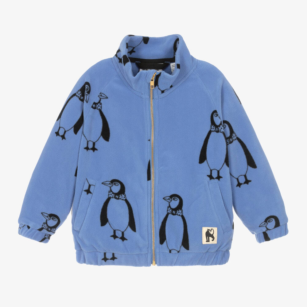 Mini Rodini - Blue Penguin Print Zip-Up Fleece Top | Childrensalon