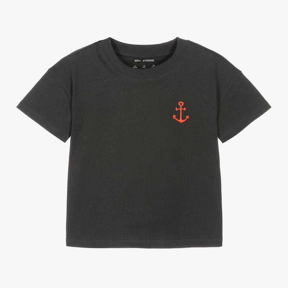 Mini Rodini - Boys Black Organic Cotton Anchor T-Shirt | Childrensalon