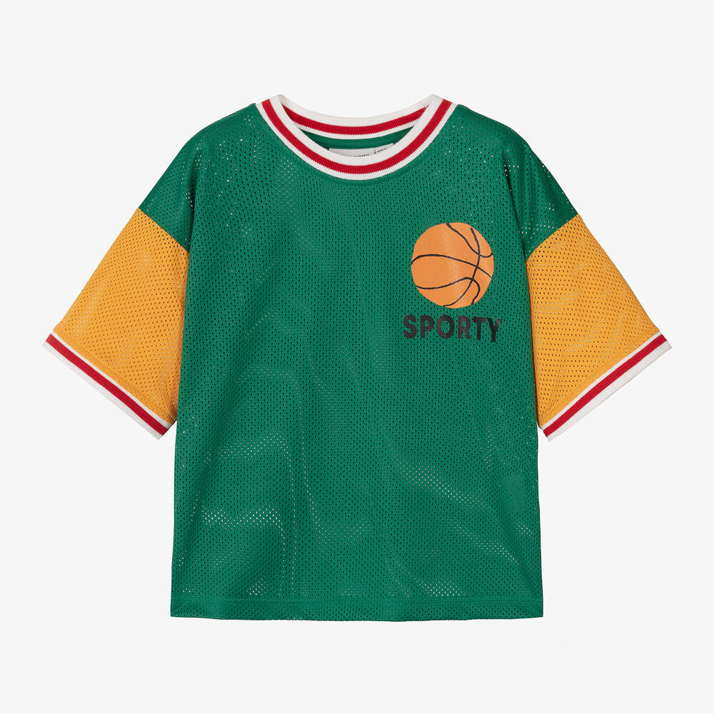 Mini Rodini - Boys Green Mesh Basketball T-Shirt | Childrensalon