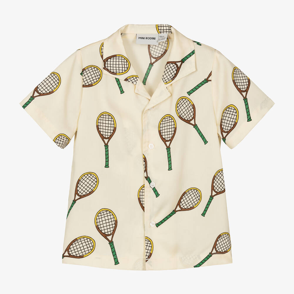 Shop Mini Rodini Boys Ivory Lyocell Tennis Print Shirt