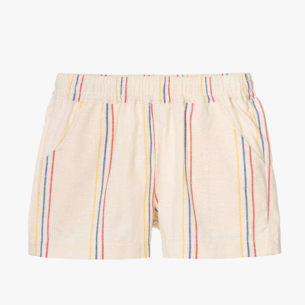 Mini Rodini - Boys Ivory Striped Cotton & Linen Shorts | Childrensalon