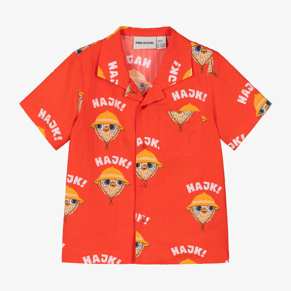 Mini Rodini - Boys Red Organic Cotton Owl Shirt | Childrensalon