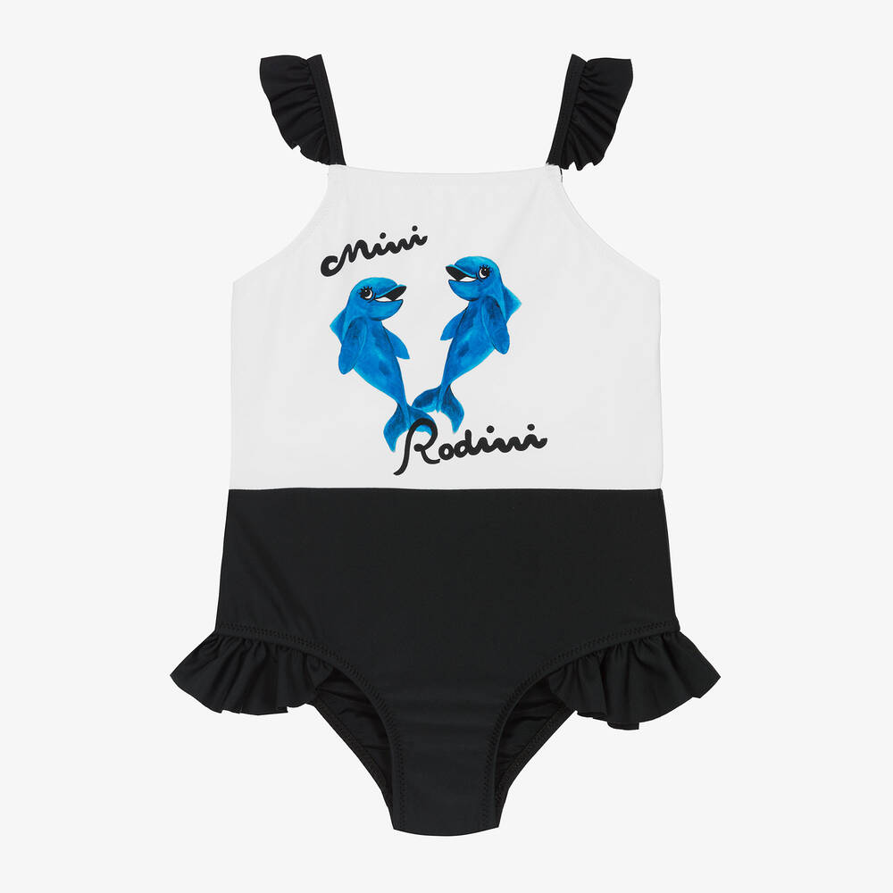 Mini Rodini - Girls Black & White Swimsuit (UPF50+) | Childrensalon