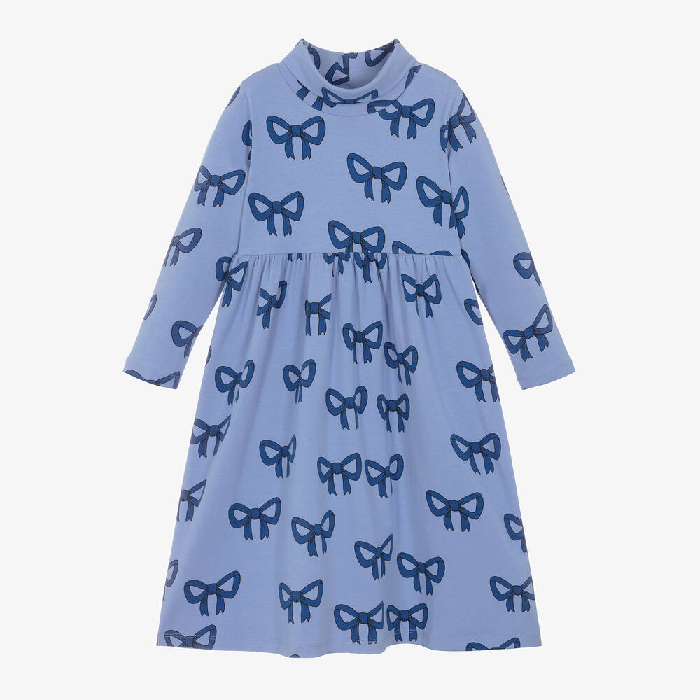 Mini Rodini - Girls Blue Organic Cotton Bow Print Dress | Childrensalon