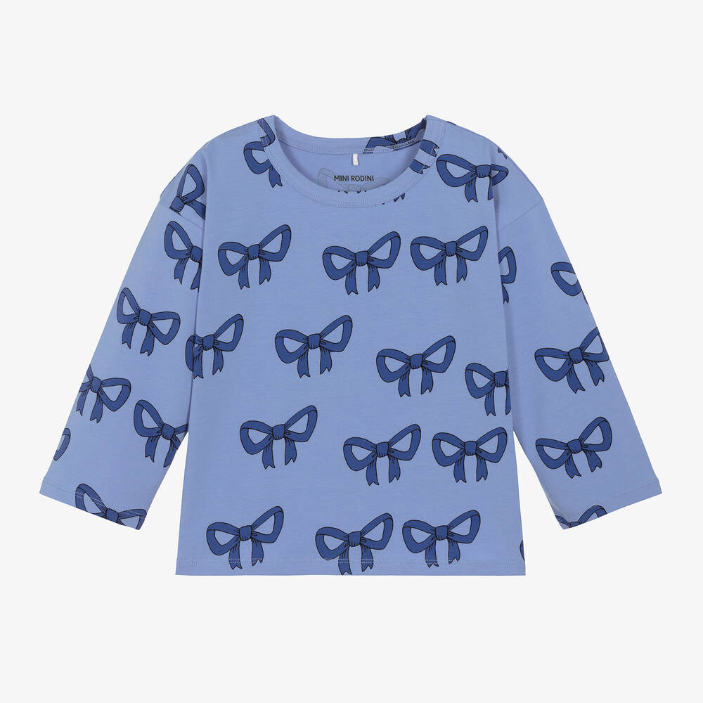 Mini Rodini - Girls Blue Organic Cotton Bow Print Top | Childrensalon