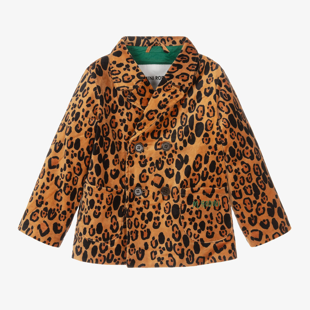 Mini Rodini - Girls Brown Velvet Leopard Print Blazer | Childrensalon