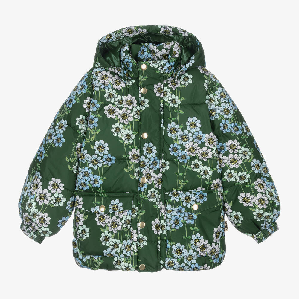 Mini Rodini - Girls Green Daisy Print Puffer Coat | Childrensalon