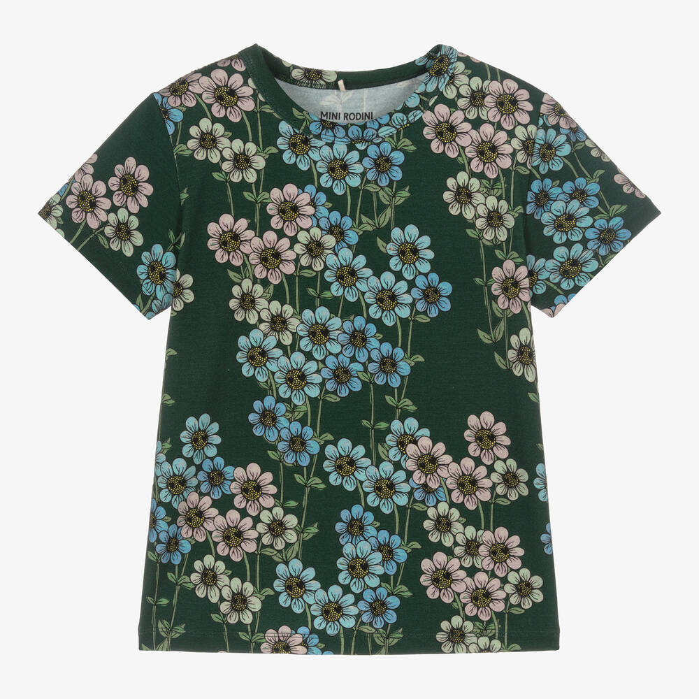 Mini Rodini - Girls Green Lyocell Daisy Print T-Shirt | Childrensalon