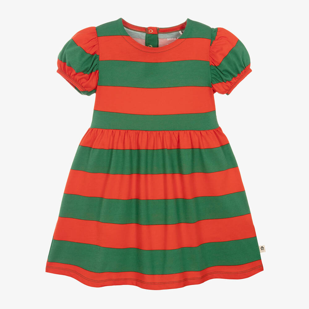 Mini Rodini - Girls Green & Red Striped Cotton Dress | Childrensalon