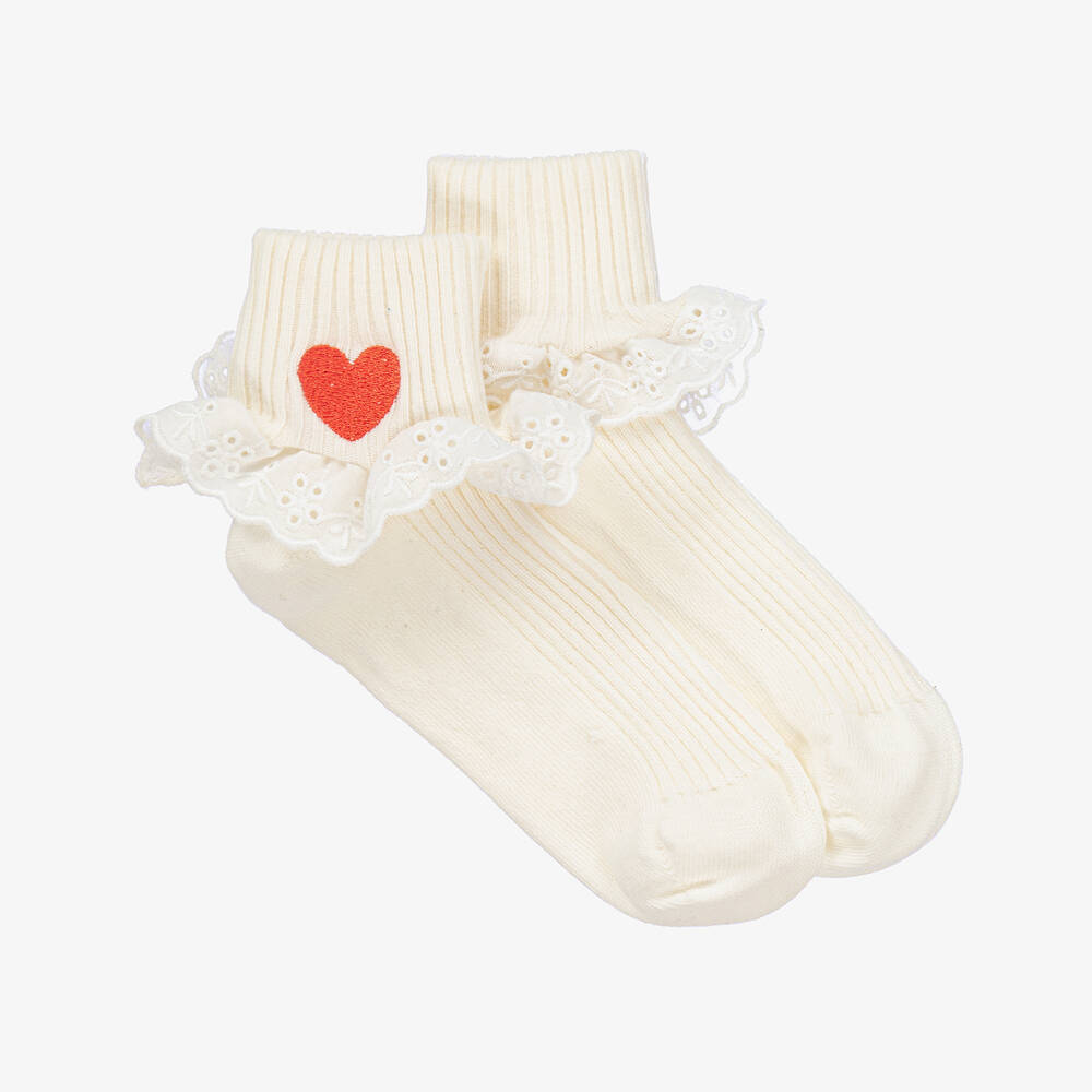Mini Rodini - Girls Ivory Cotton Ruffle Socks | Childrensalon