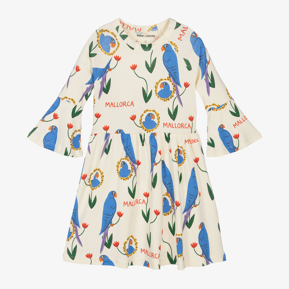 Shop Mini Rodini Girls Ivory Organic Cotton Parrot Dress