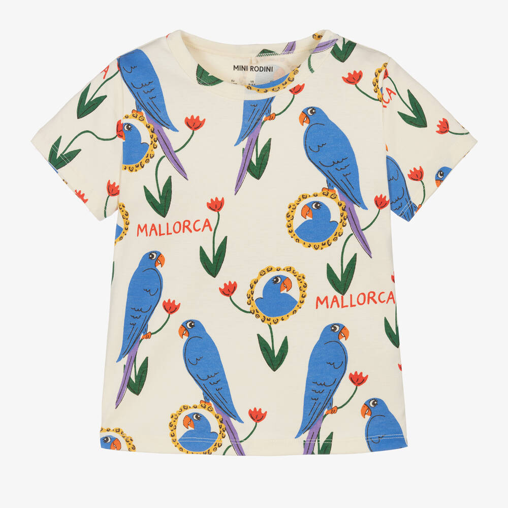 Mini Rodini Kids' Girls Ivory Organic Cotton Parrot T-shirt In Blue