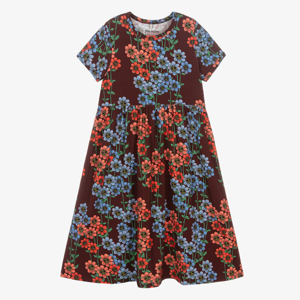 Mini Rodini - Girls Maroon Red Lyocell Daisy Print Dress | Childrensalon