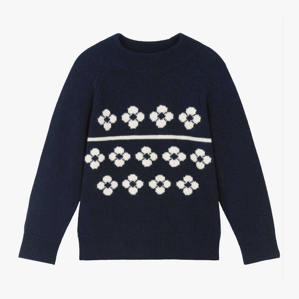 Mini Rodini - Girls Navy Blue Knitted Sweater  | Childrensalon