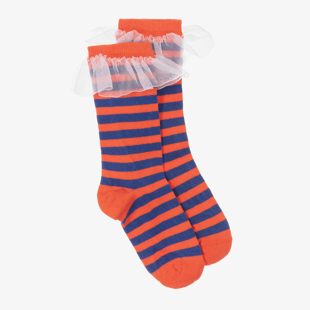 Mini Rodini - Girls Orange & Blue Striped Cotton Socks | Childrensalon
