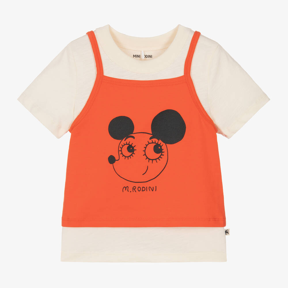 Mini Rodini - Girls Orange Cotton Ritzratz T-Shirt Set | Childrensalon