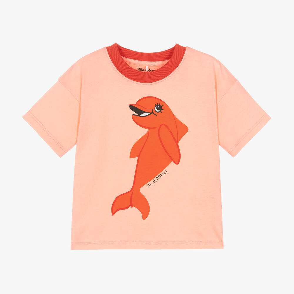 Shop Mini Rodini Girls Pink Dolphin Cotton T-shirt