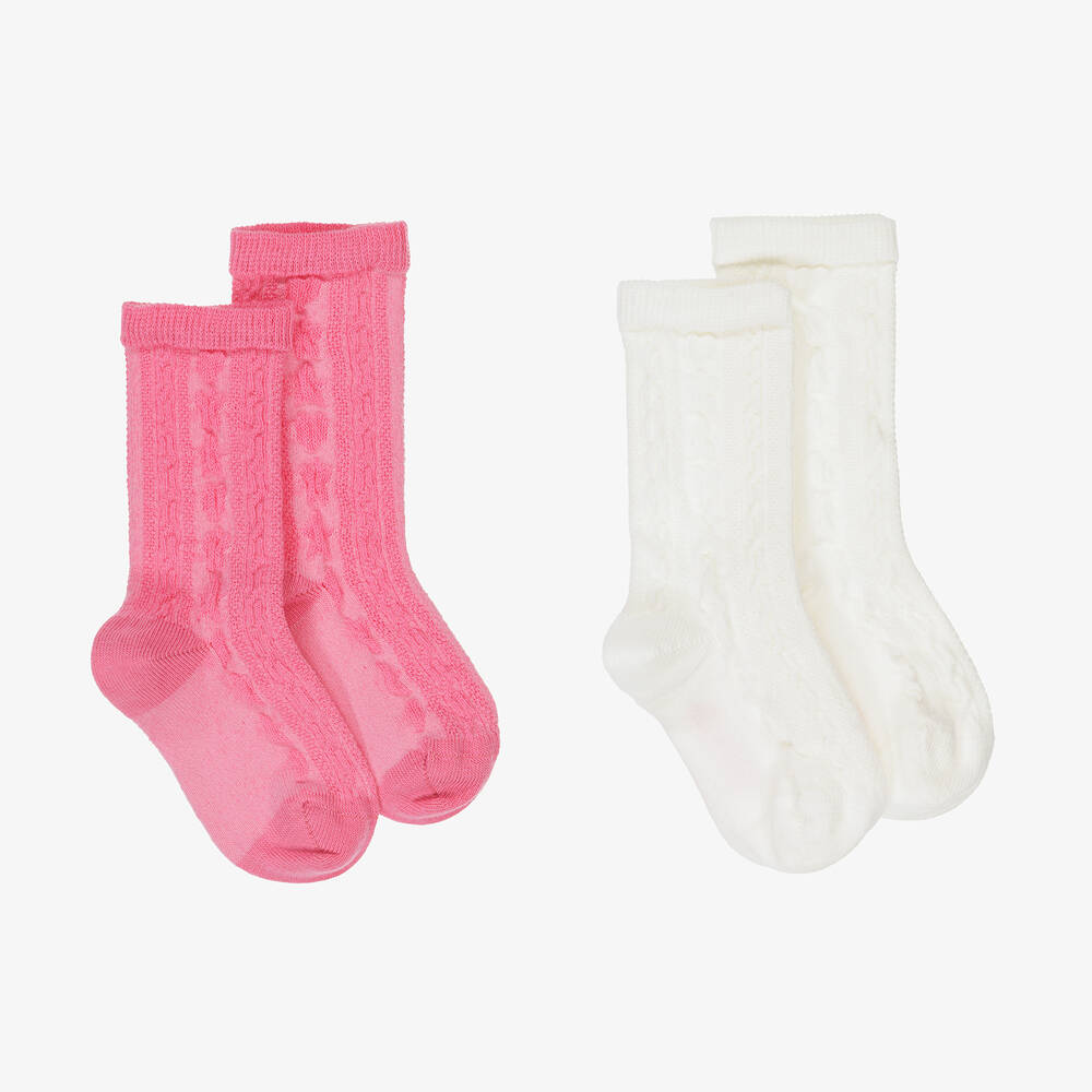 Mini Rodini - Girls Pink & Ivory Textured Cotton Socks (2 Pack) | Childrensalon