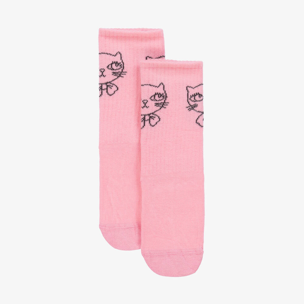 Mini Rodini - Girls Pink Organic Cotton Cat Socks | Childrensalon