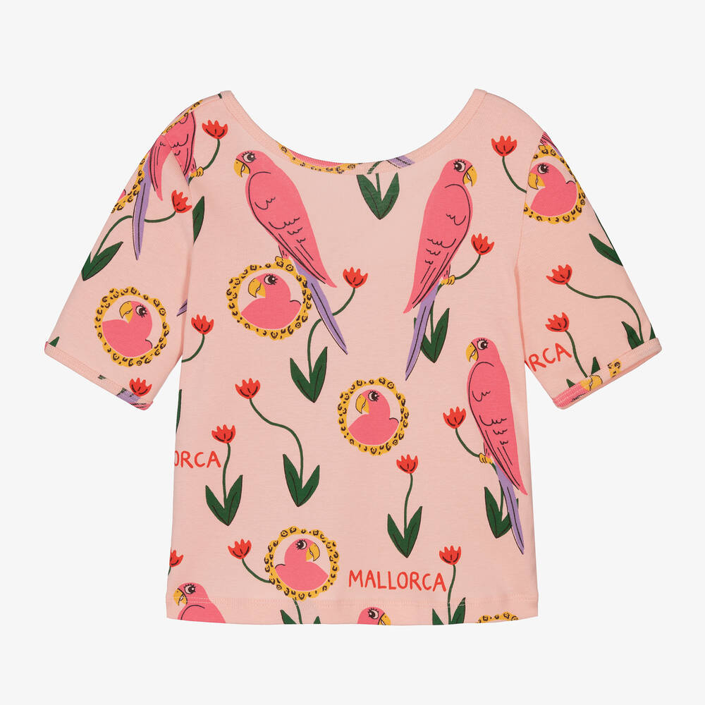 Mini Rodini Kids' Girls Pink Organic Cotton Parrot T-shirt