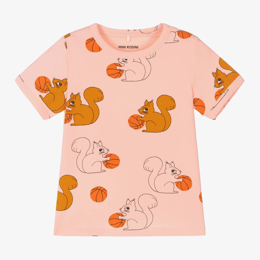 Mini Rodini - Girls Pink Organic Cotton Squirrels T-Shirt | Childrensalon