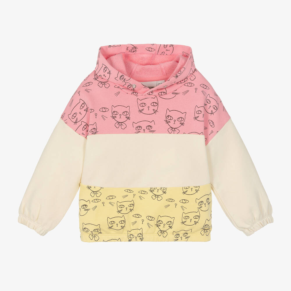 Mini Rodini - Girls Pink & Yellow Cotton Cat Hoodie | Childrensalon