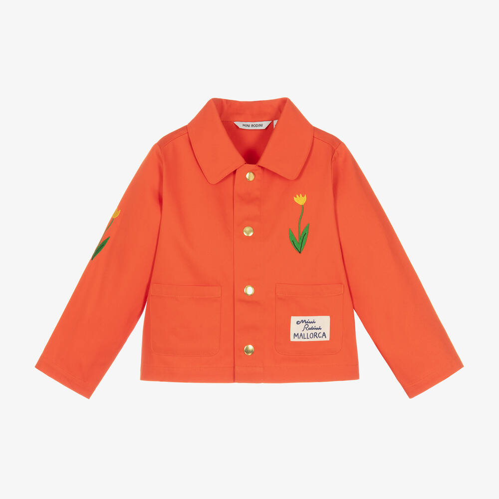 Mini Rodini - Girls Red Cotton Embroidered Flower Jacket | Childrensalon