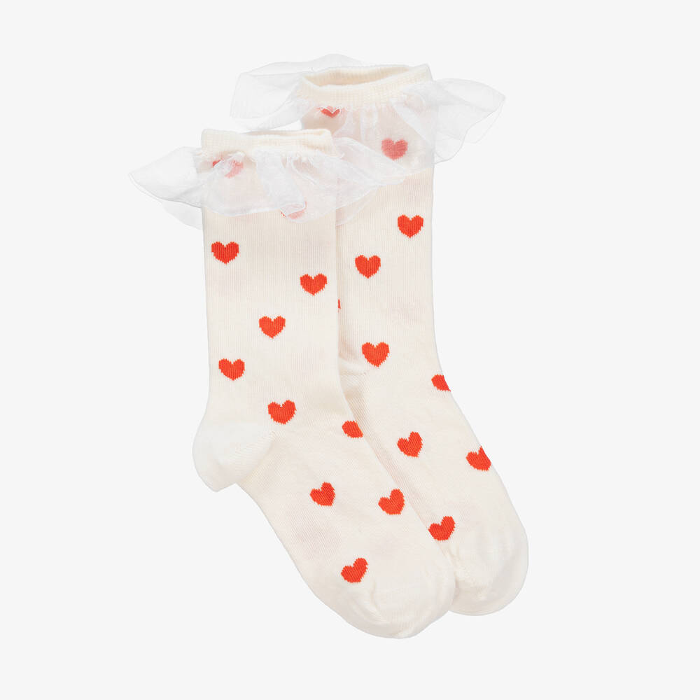 Mini Rodini - Girls White Frilly Hearts Socks | Childrensalon
