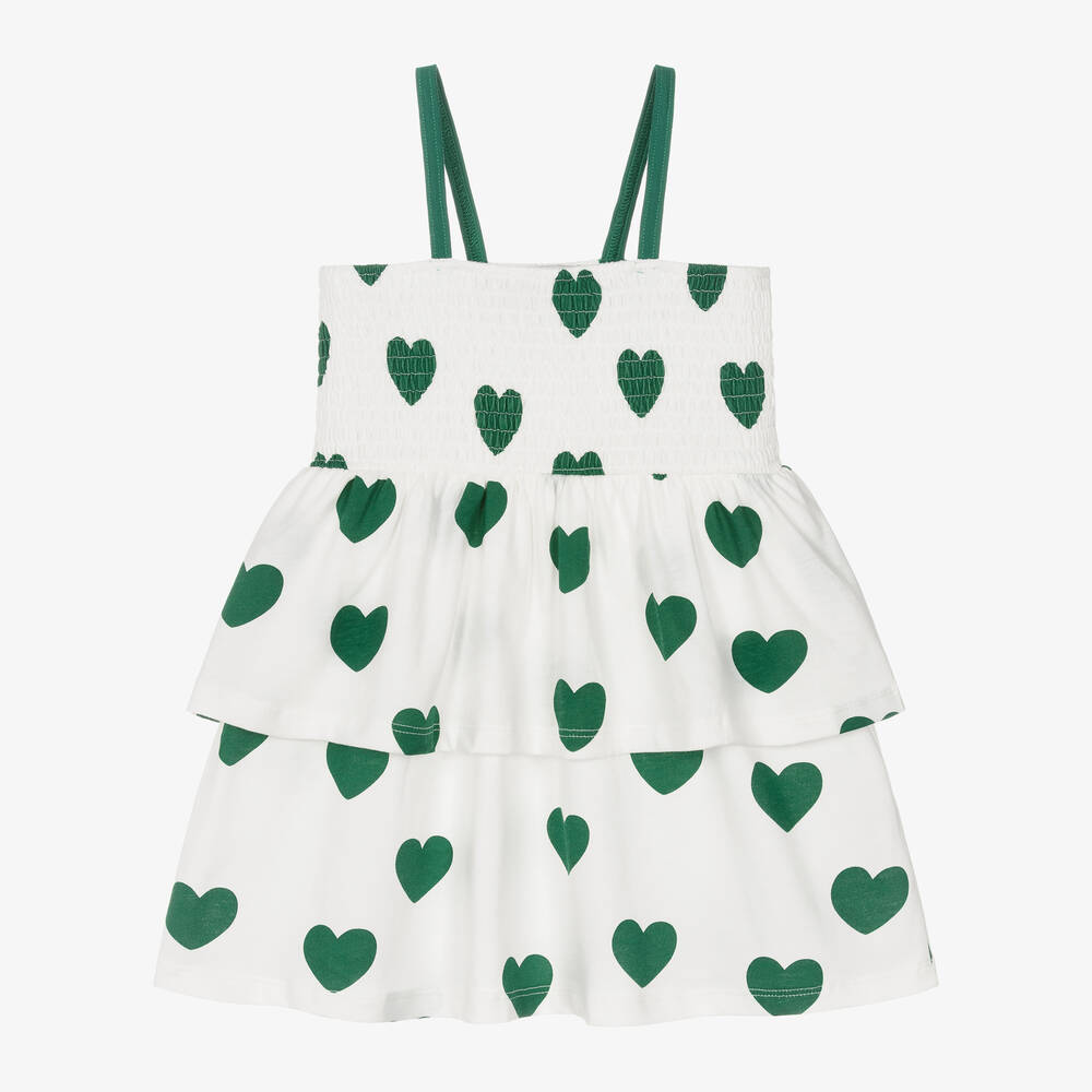 Mini Rodini - Girls White & Green Heart Print Cotton Dress | Childrensalon