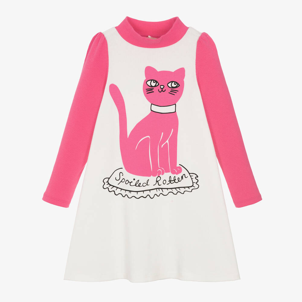 Mini Rodini - Girls White Organic Cotton Cat Print Dress | Childrensalon